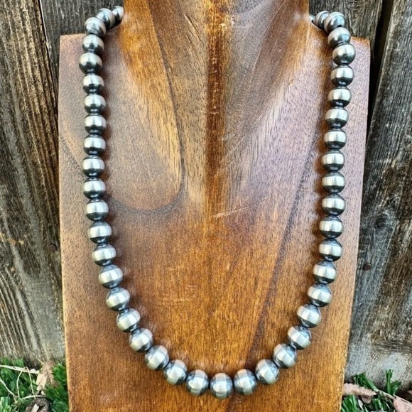 10mm 28 Inch Striped Sterling Silver Oxidized Pearls Bead Necklace Southwestern
